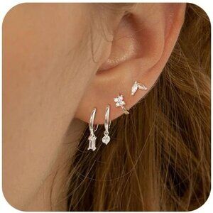 4 set style Sterling Silver Dainty Huggie Cubic Zirconia Hoop Earrings for Women